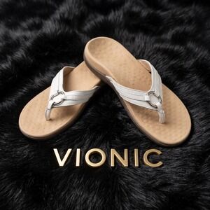 Vionic Aloe White Leather Toe Post Orthotic Sandals Women 10 Silver Ring Thong